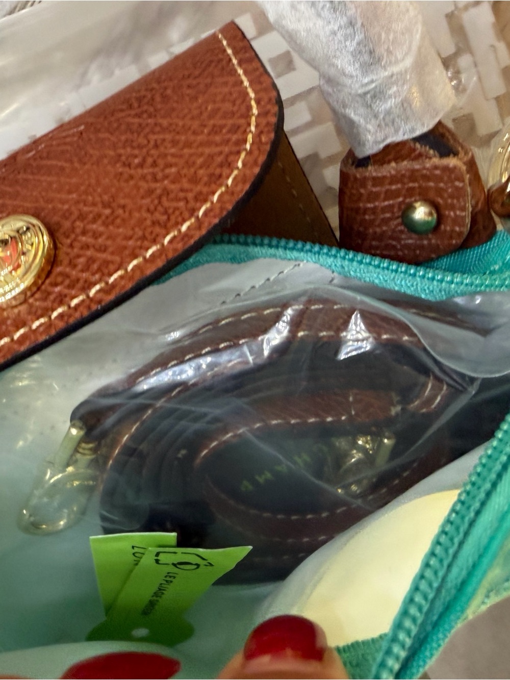 SMALL Longchamp Turquoise Nylon Tote with Brown Leather Trim - Picture 6 of 8